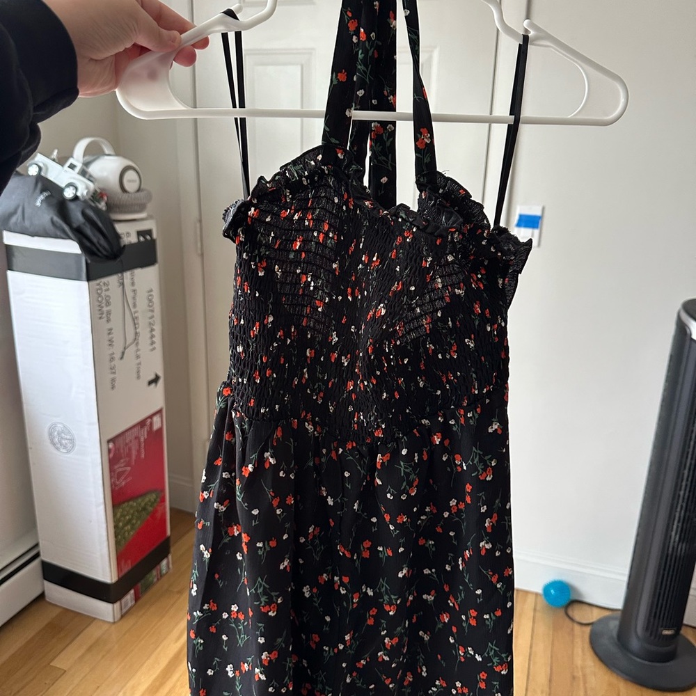 SHEIN Black Floral Smocked Dress with Red & Green Accents